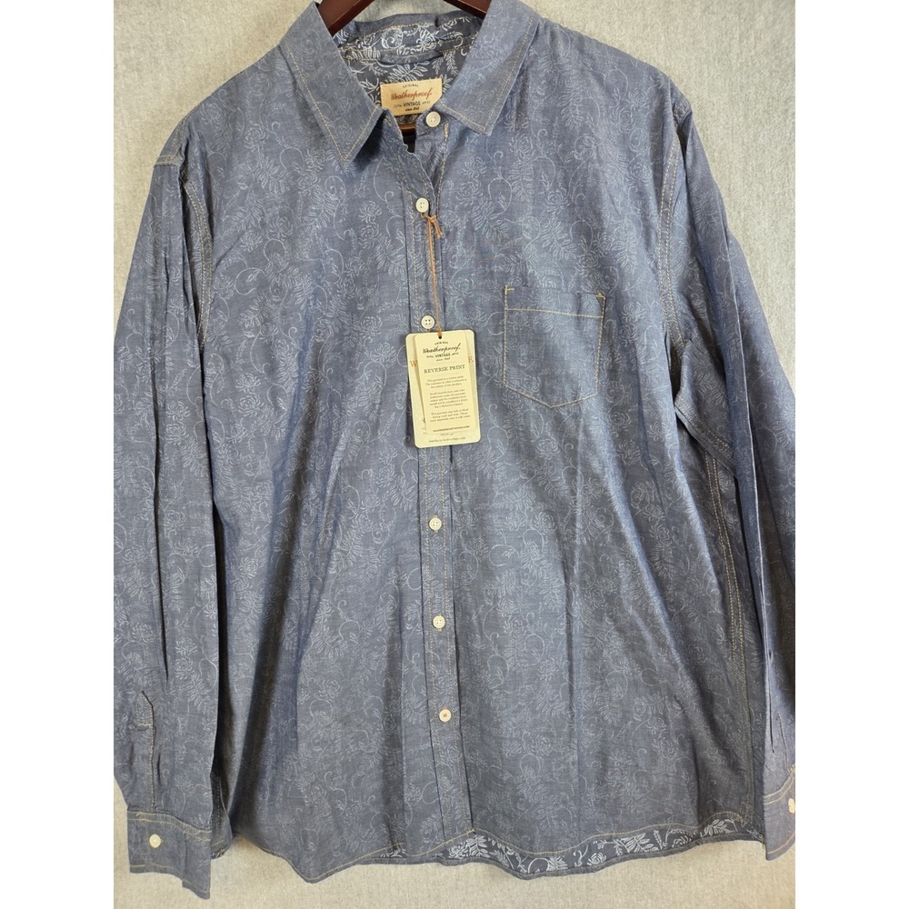 Weatherproof Vintage Womens 2XL Blue Denim Reverse Print Shirt Button Up NEW